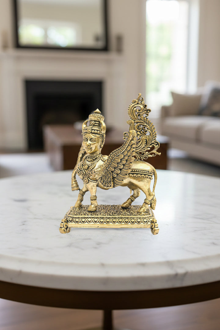 BRASS FLYING KAMDHENU COW STATUE - 4.5 INCH