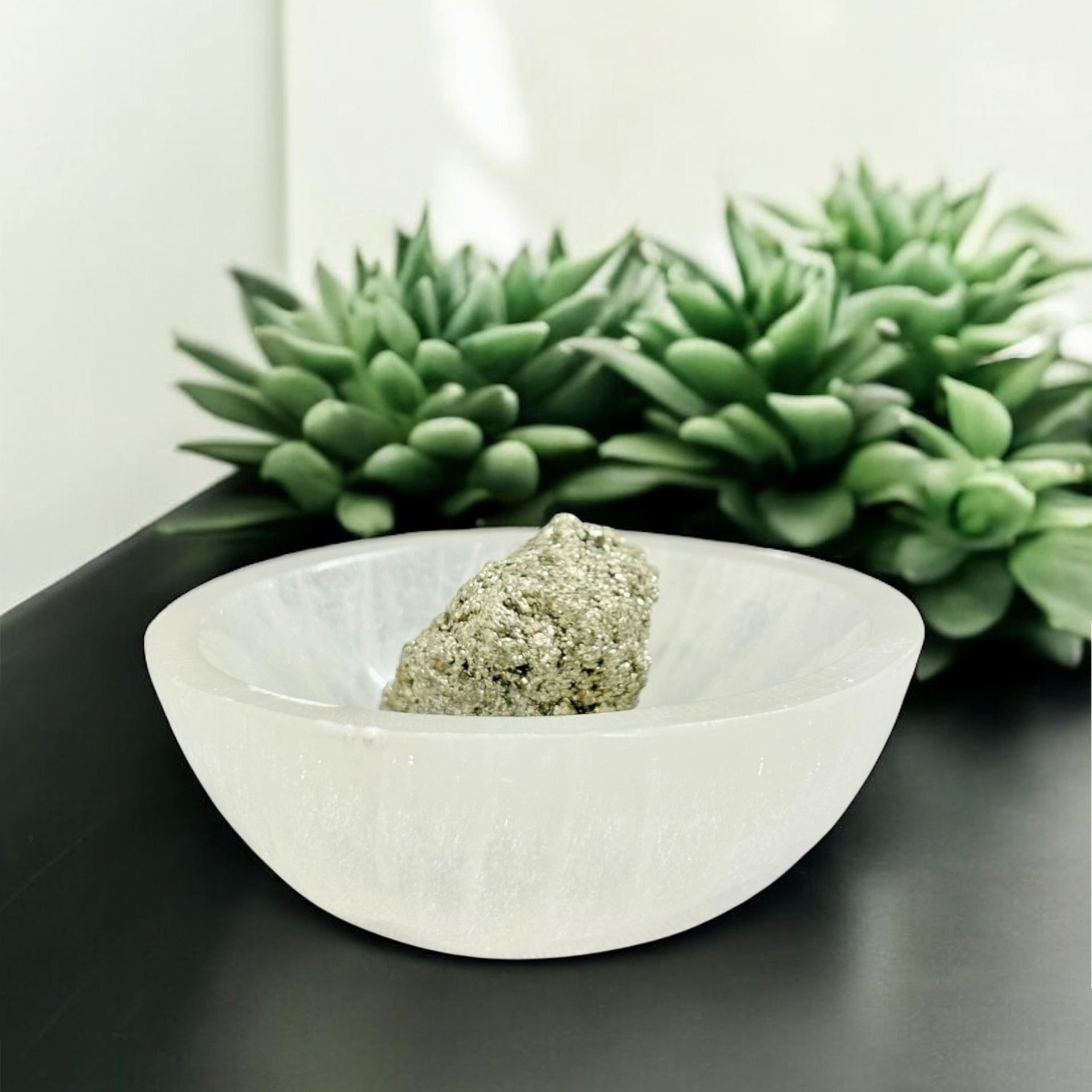VASTU VARDAN NATURAL SELENITE BOWL WITH 100 GM PYRITE STONE | HANDMADE SELENITE STONE BOWL FOR HEALING, MEDITATION, HOME DECOR & SPIRITUAL GIFTS (ROUND SHAPE, 3" INCHES)