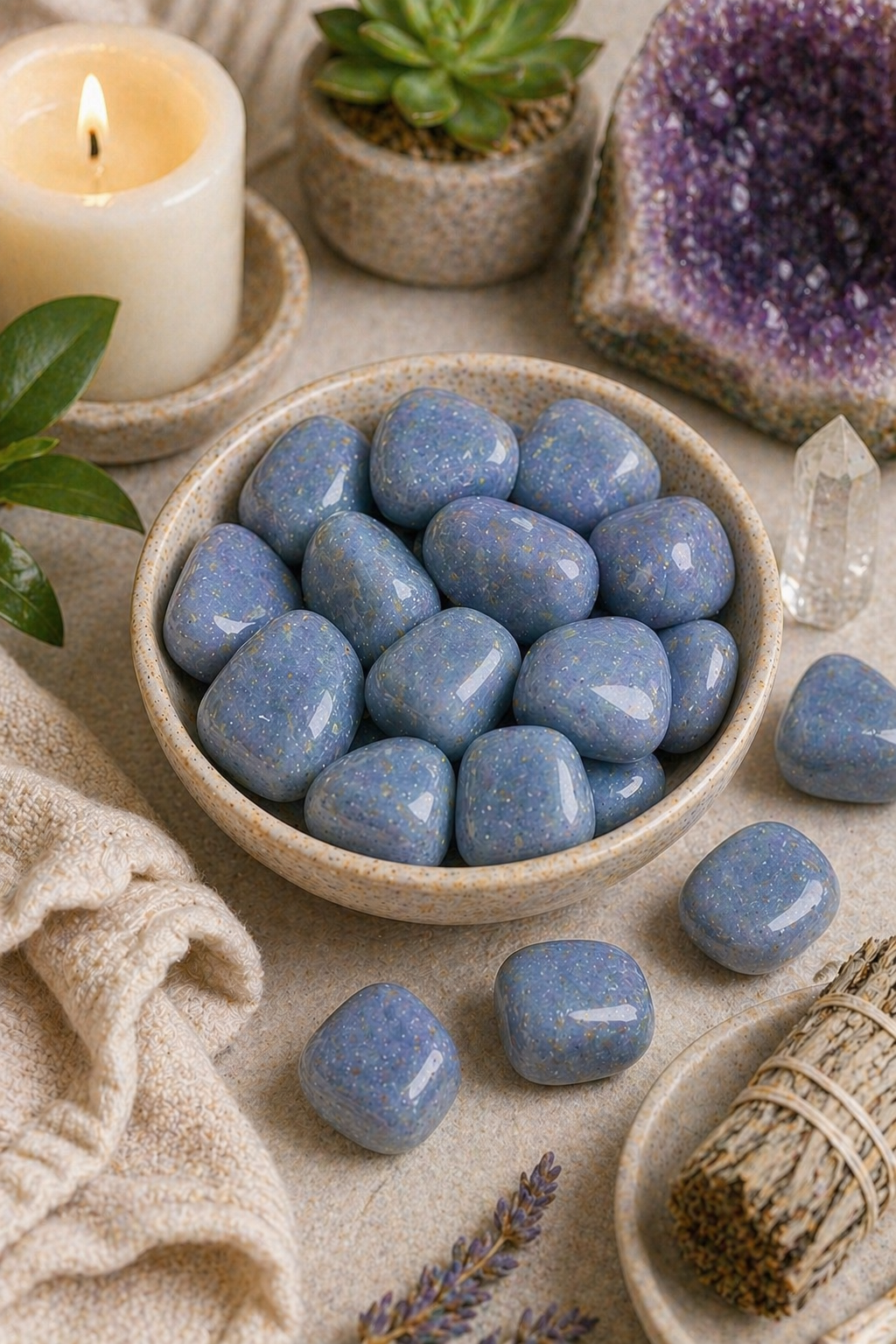 ANGELITE  CRYSTAL TUMBLE  - 100 GRAM - Use in healing sessions & chakra balancing