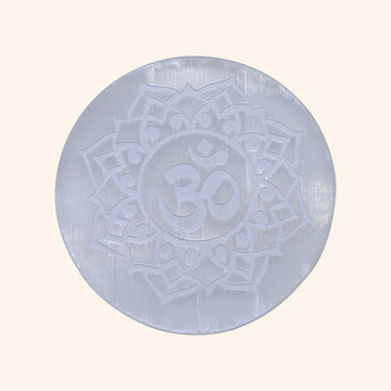 SELENITE CRYSTAL OM ROUND PLATE 4 INCH