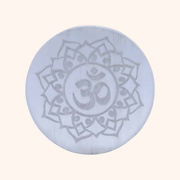 SELENITE CRYSTAL OM ROUND PLATE 3 INCH