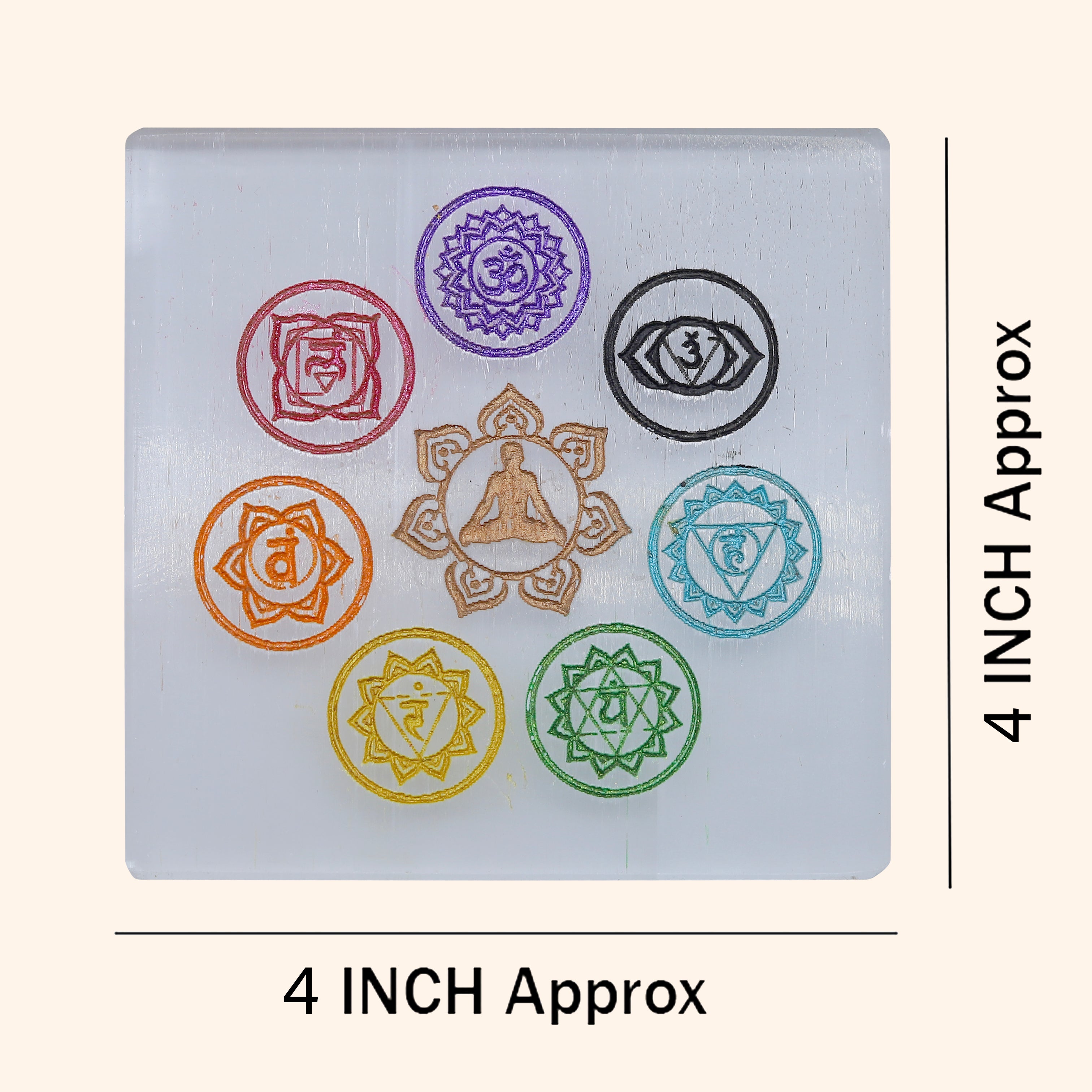 VASTU VARDAN CRYSTAL 7 CHAKRA SQUARE SELENITE PLATE 4 INCH