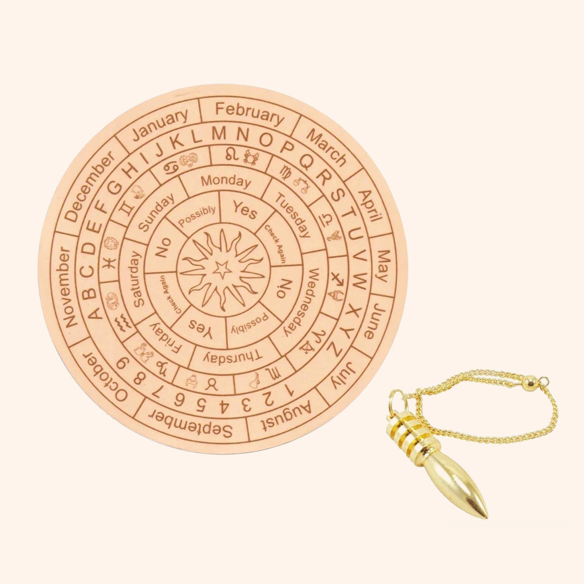 VASTU VARDAN LIGHT BROWN DOWSING BOARD WITH BRASS PENDULAM (PENDULAM ASSORTED) 9 INCH