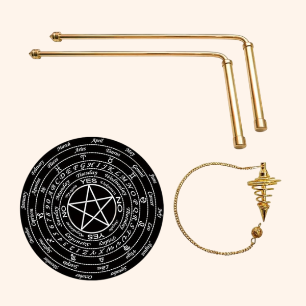 VASTU VARDAN BRASS DOWSING ROD PAIR 8MM SET OF BOARD AND PENDULAM ASSORTED